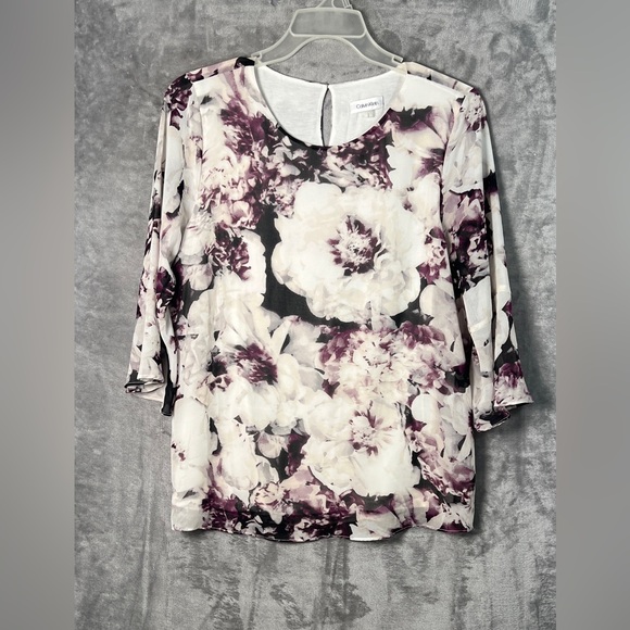 Calvin Klein Floral Print Women's Top - Purple and White - Picture 1 of 9